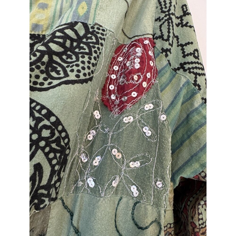 Patchwork kantha quilt kimono Jacket Green Embroidered Boho Art to Wear Hippie - Picture 9 of 16